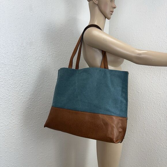 STREET LEVEL Reversible Cognac Brown & Turquoise Vegan Leather Tote & Wristlet - Picture 1 of 12